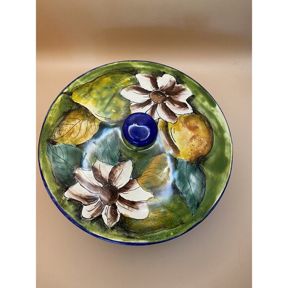 Mexican majolica floral green, colorful redware covered bowl chip btm of bowl - Picture 6 of 8